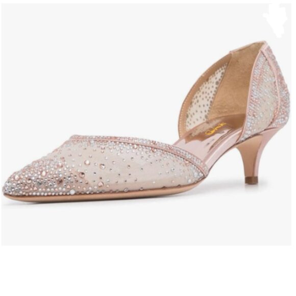 XYD Pale Pink Pointed Toe D'Orsay Kitten Heel Rhinestone Studs Slip-On Shoe - Picture 1 of 8